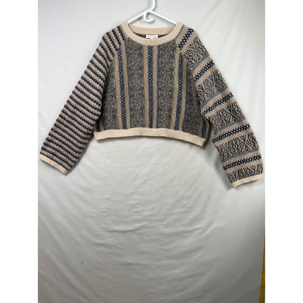 Grade & Gather Sweater Women Medium Tan Navy Striped Cropped Mixed Knit Boxy